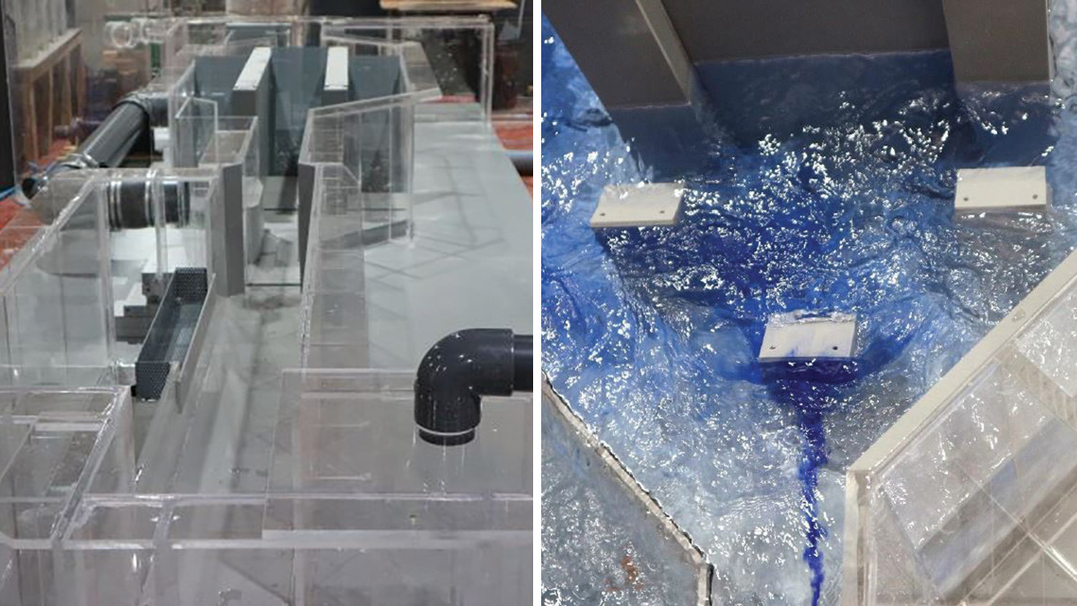 (left) Inlet works physical model at Hydrotec and (right) inlet works screen baffles and dye test - Courtesy of MWH Treatment