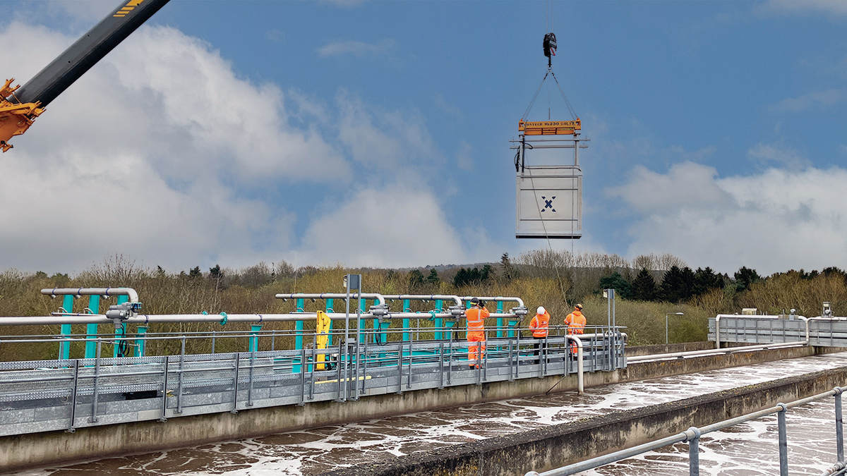 MABR module being lowered into place within a bespoke steelwork frame - Courtesy of OxyMem Ltd