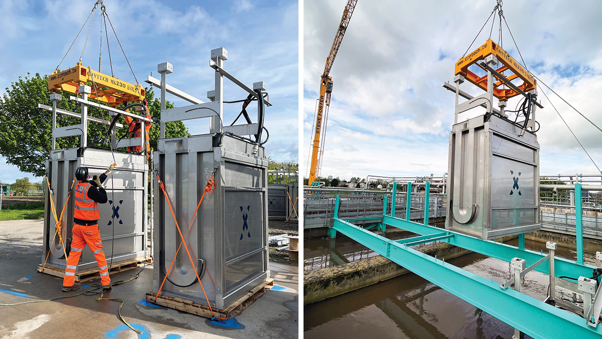 (left) MABR units being readied for crane lift and (right) lowering an MABR module into the support steelwork installed on the ASP anoxic zone - Courtesy of OxyMem Ltd