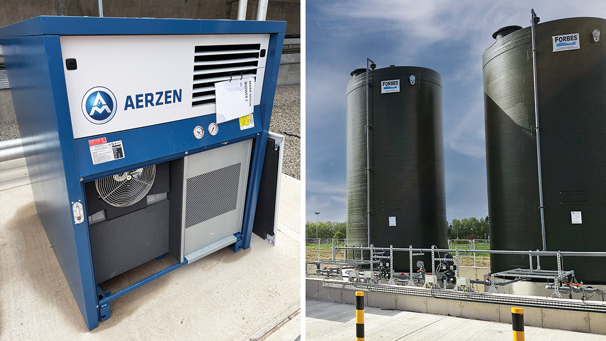 (left) MABR blower from Aerzen Machines and (right) two 60m3 ferric sulphate storage tanks installed in the chemical dosing area - Courtesy of Mott MacDonald Bentley