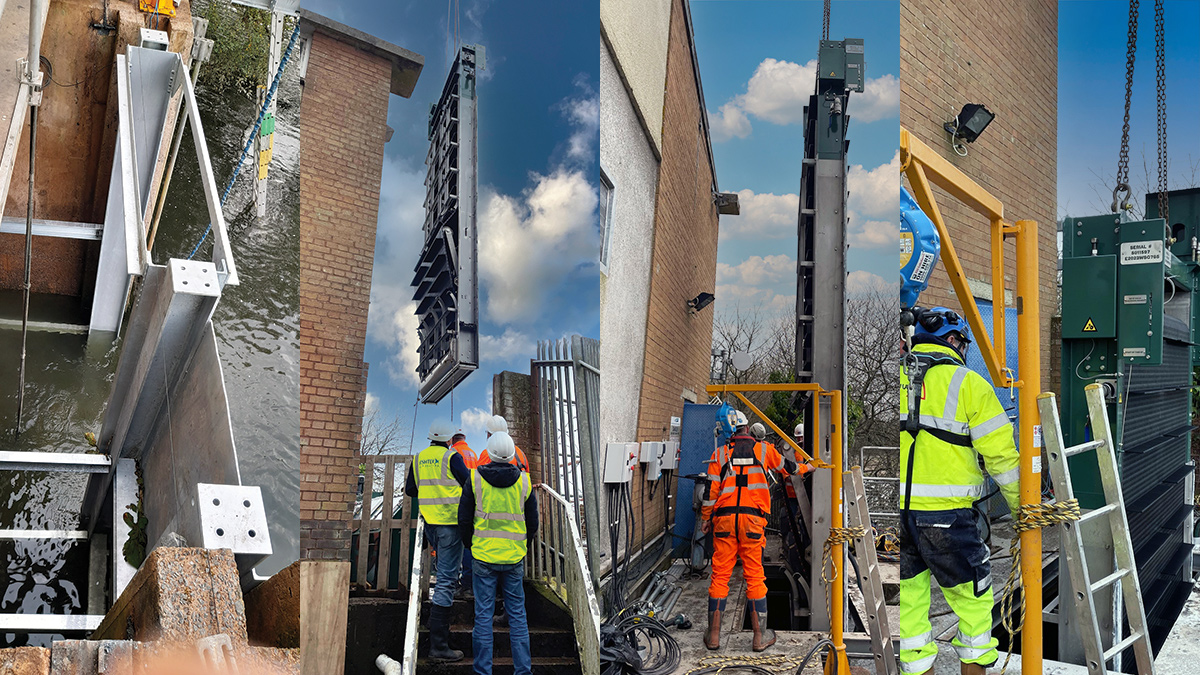 (left to right) Hydrolox screen installation, (i) steel support frame, (ii & iii) screen being lowered into position (note proximity to the building), and (iv) final positioning of the Hydrolox screen - Courtesy of South West Water & Fishtek ltd