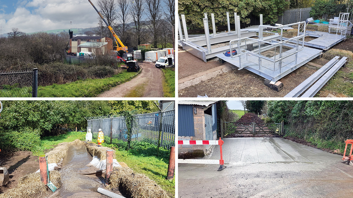 (top left) Crane setup within restricted location & approach track, (top right) structural steelwork components being fixed ready for lifting and installation, (bottom left) silt removal prior to installation of steelwork, and (bottom right) accommodation work installing new concrete apron at landowners access gate to provide turning for reversing delivery vehicles - Courtesy of South West Water & Fishtek Ltd