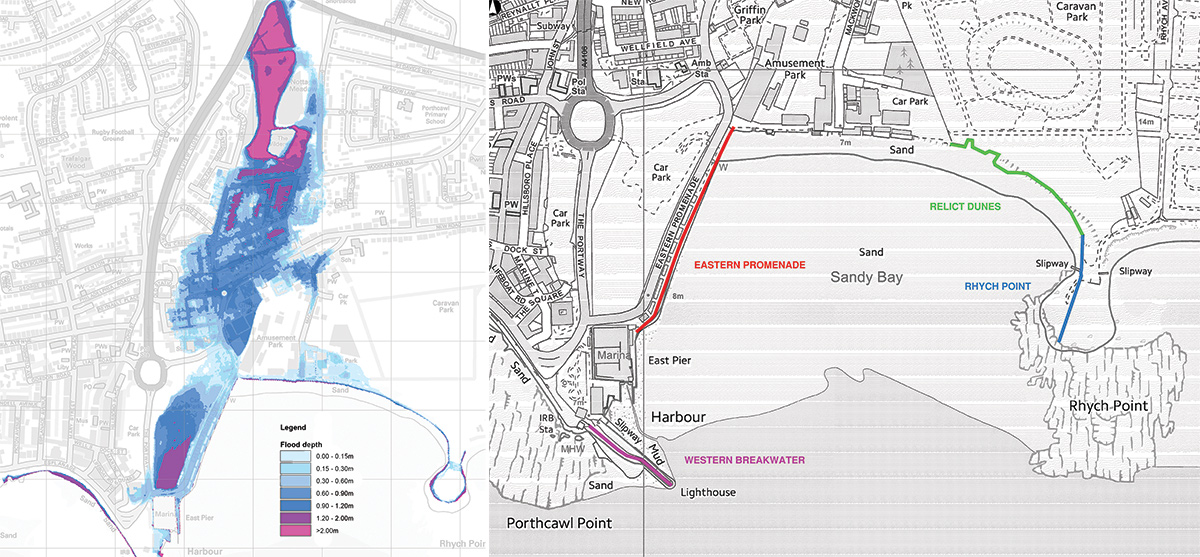 (left) Flood inundation modelling and (right) site location plan - Courtesy of Arup