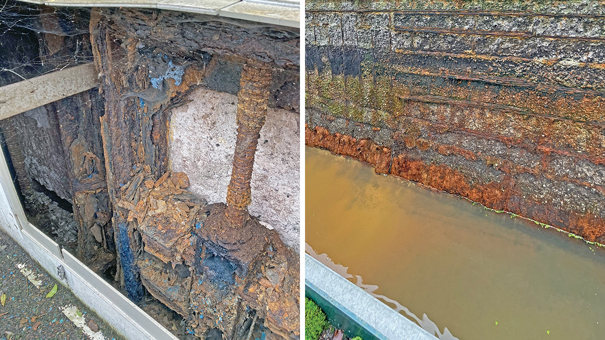 Hydrogen sulphide attacks: (left) to the existing isolation penstocks, and (right) to the existing inlet channel walls - Courtesy of Morgan Sindall Infrastructure