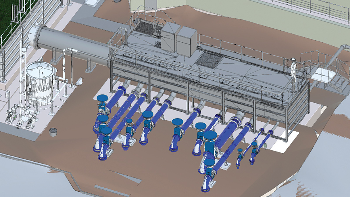 3-D model showing all pipelines rising from ground and entering reception tank – Courtesy of Arcadis