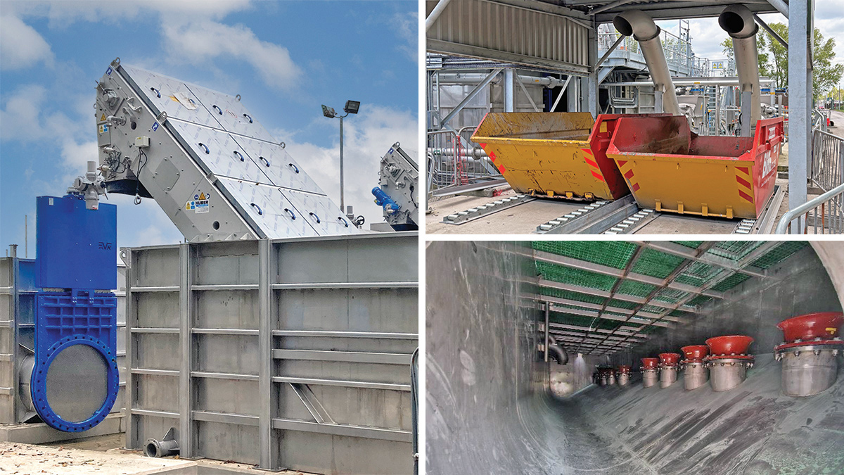 (left) DfMA installation of new inlet screens and chambers, (top right) the screenings skip canopy, and, (bottom right) internal photograph of bellmouth discharge points in reception tank - Courtesy of Morgan Sindall Infrastructure