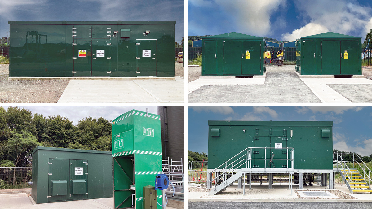 (top left) HV switchgear kiosk, (top right) RMU kiosks, TSR secondary dosing kiosk & safety shower, and (bottom right) MCC kiosk - Courtesy of Morgan Sindall Infrastructure