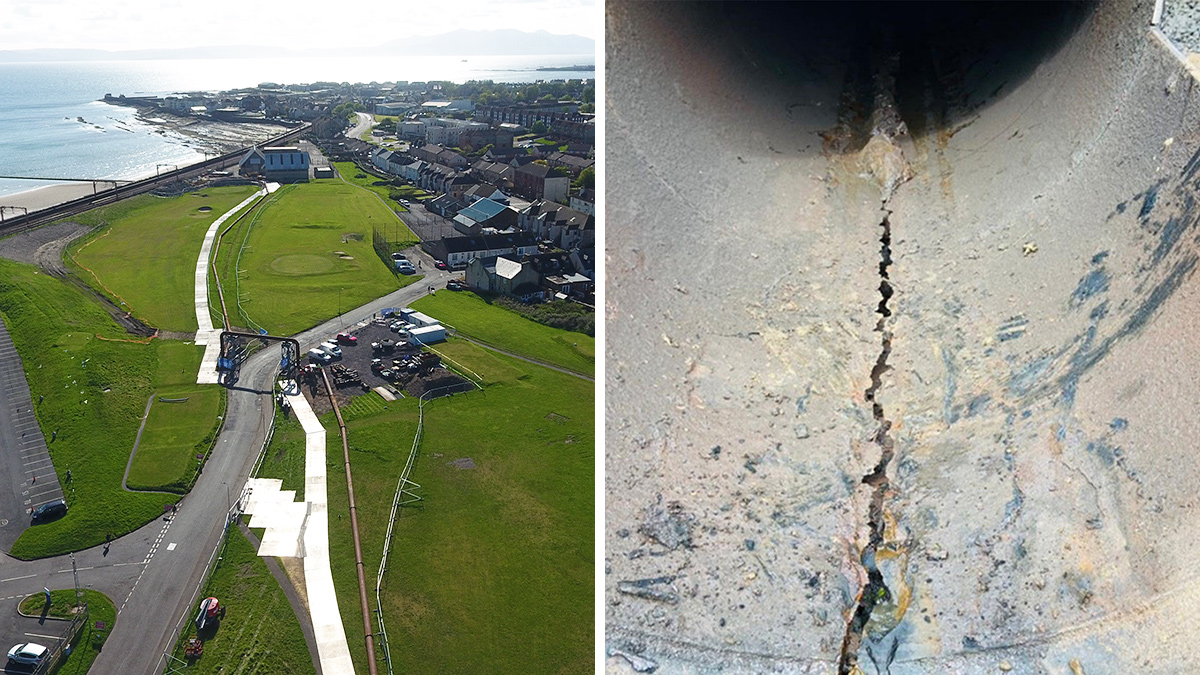 (left) Aerial view of the project and (right) rising main failure - Courtesy of Caledonia Water Alliance