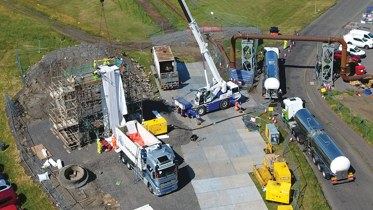 Drone image showing the liner installation operation underway - Courtesy of Paul Milligan, Caledonia Water Alliance