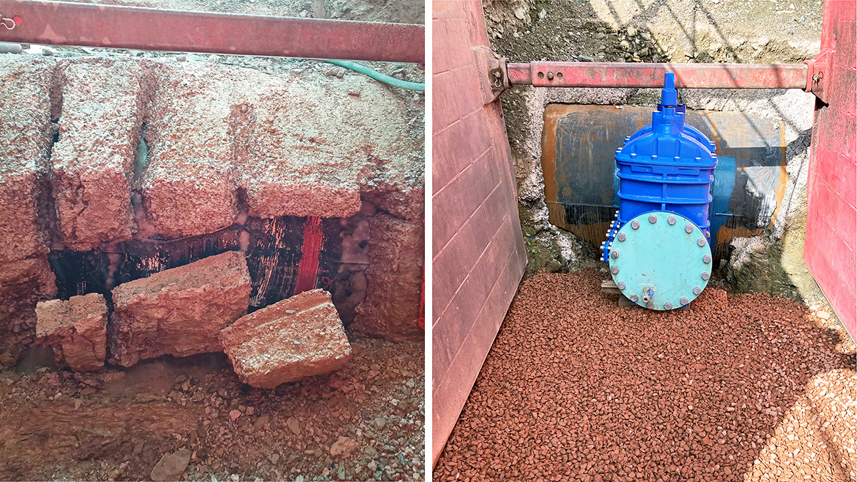 (left) Hydro-demolition carried out on the concrete surround of the existing 48” main and (right) DN400 underpressure connection with a welded tee on the existing main - Courtesy of Mott MacDonald Bentley