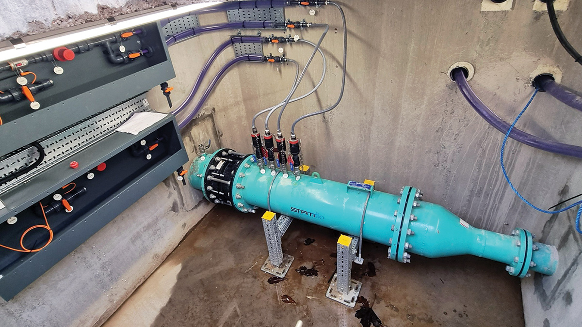 Static mixer and reduction in pipe diameter to increase the velocity of the jet flow before injection into the existing main - Courtesy of Mott MacDonald Bentley