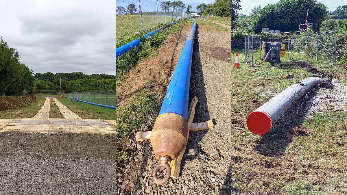 (left) Site compound complete in advance of HDD crew arrival, (middle) towing head installed on pipe ready for pulling and (right), pipe pull completed - Courtesy of Farrans/Glanua Group JV