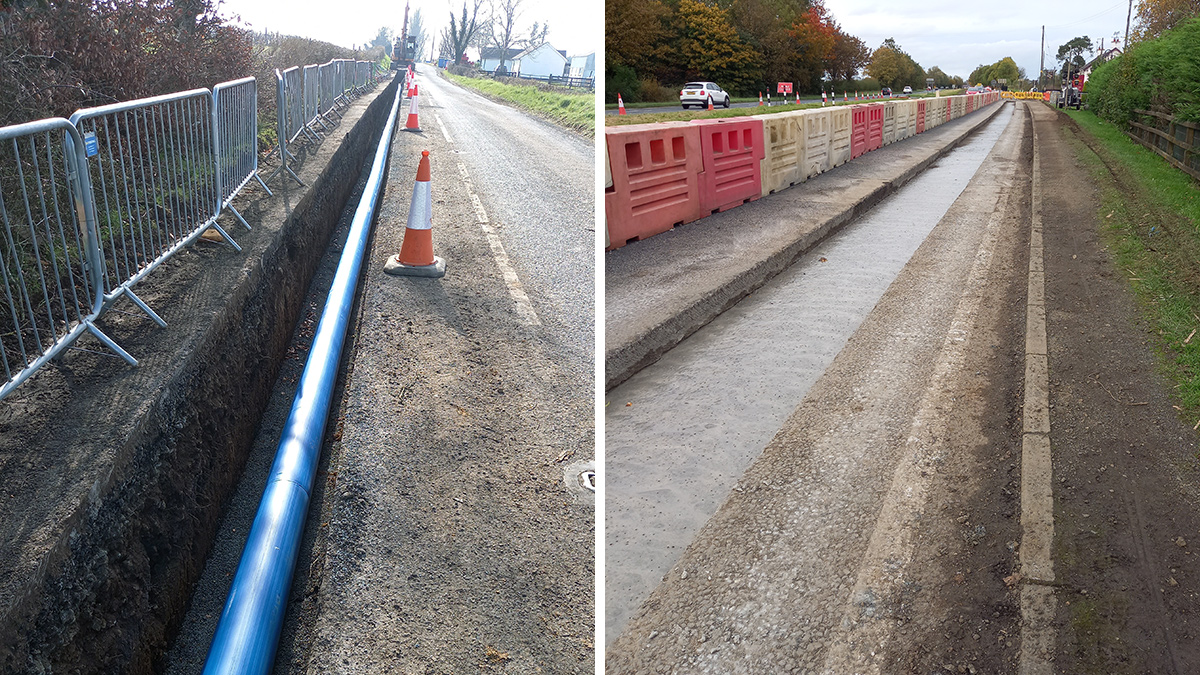 (left) Pipe placed in trench Barnish Road prior to backfill 
and (right) A26 after concrete backfill - Courtesy of Farrans Glanua JV