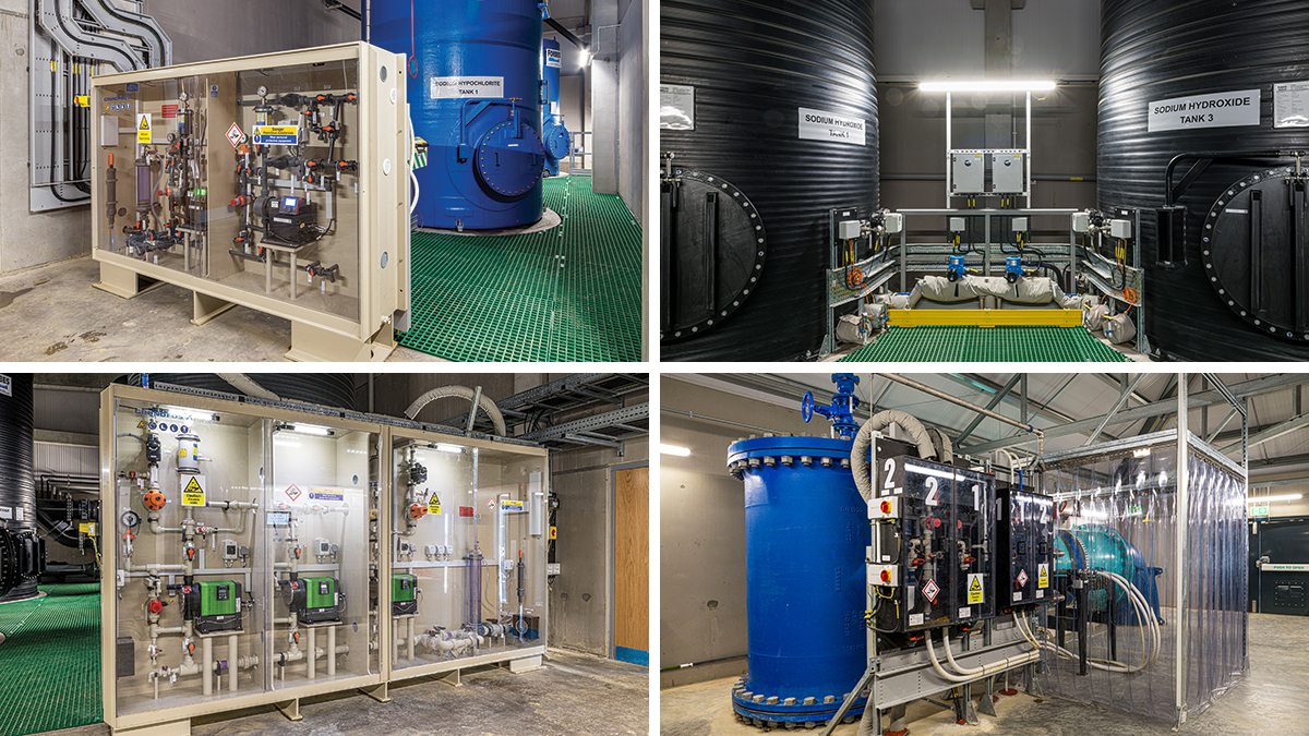 (top left) Sodium hypochlorite storage and dosing, (top right) sodium hydroxide storage, (bottom left) sodium hydroxide dosing, and (bottom right) point of application cabinets - Courtesy of Ward & Burke