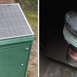 (left) New EDM solar powered control kiosk and (right) new ultrasonic head in existing sewer - Courtesy of Galliford Try