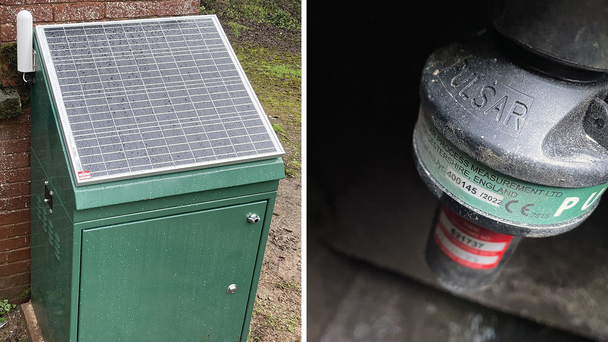 (left) New EDM solar powered control kiosk and (right) new ultrasonic head in existing sewer - Courtesy of Galliford Try