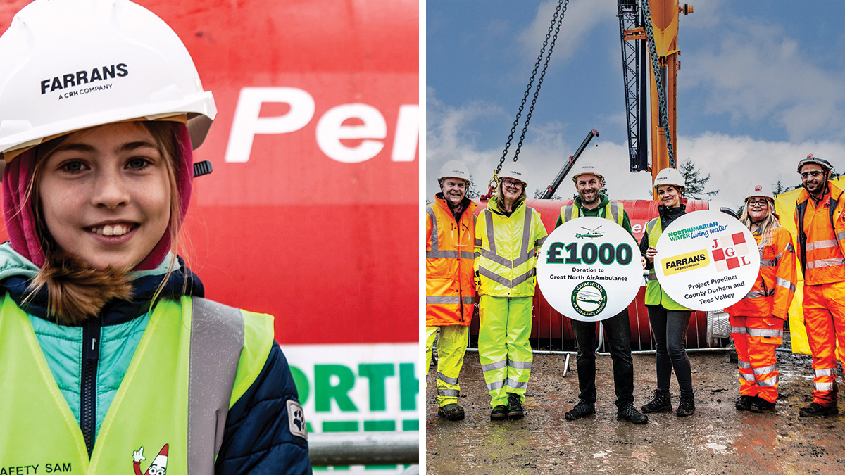 (left) Penelope named the TBM after herself and (right) £1000 donation to Great North Air Ambulance - Courtesy of Farrans Construction