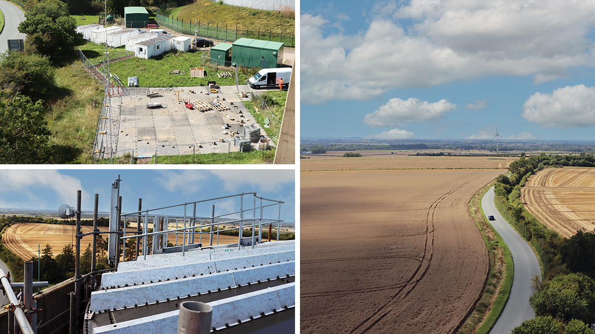 (top left) Works area, (bottom left) top of the tower, and (right) farmland surrounding the tower - Courtesy of @one Alliance