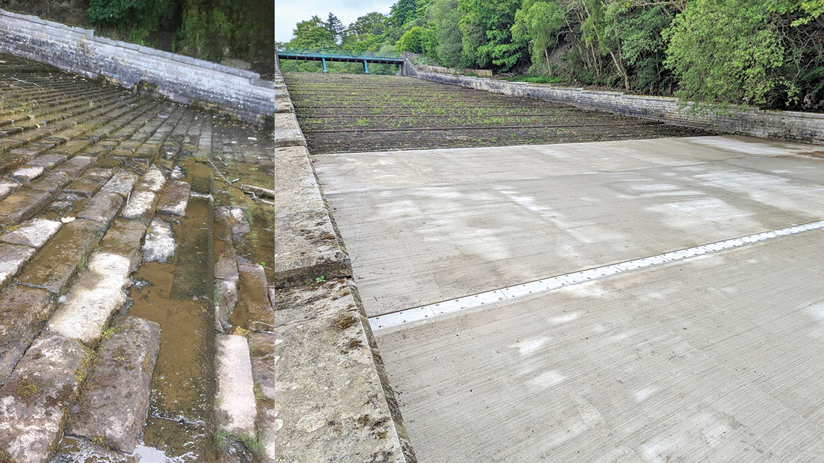 (left) Condition of the spillway blocks prior to the works and (right) new concrete slab with stainless steel protection to the joint - Courtesy of Esh-Stantec