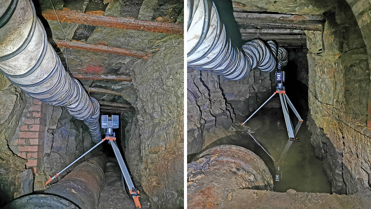 (left) View in the unlined section of the tunnel (notice the beams across the soffit) and (right) view of pipe inlet and partial headwall (notice standing water on the invert) - Courtesy of Esh-Stantec and CC Informatics