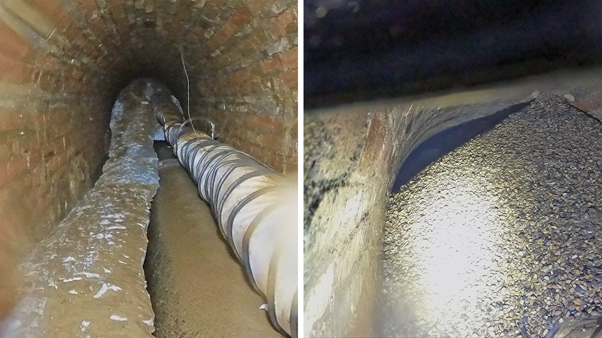 (left) View of the geopolymer in the tunnel, and (right) view of the pea gravel stop end - Courtesy of Esh-Stantec and CC Informatics