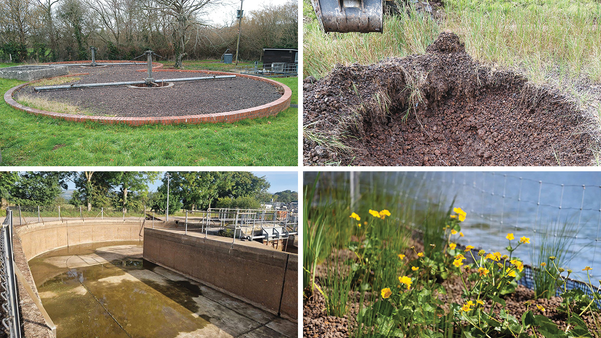 (top left) Decommissioned filter beds being considered for retrofit, (top right) filter media being considered for reuse, (bottom left) decommissioned oxidation ditch being considered for retrofit - All courtesy of Wessex Water, and (bottom right) planting within an existing floating wetland - Courtesy of Mott MacDonald