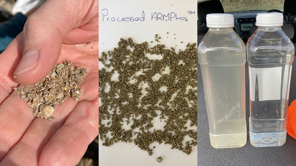 (left & middle) Processed media and (right) final effluent samples: pre and post passing through media filter bed - Courtesy of Galliford Try