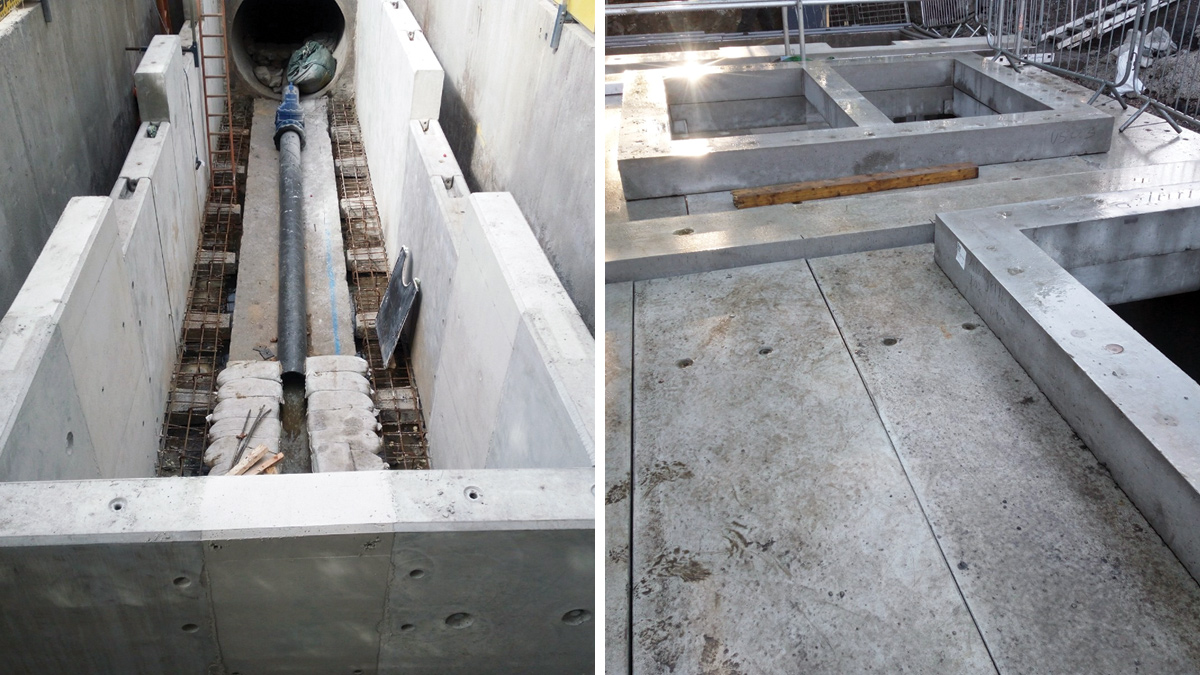 (left) Installation of the weir walls and (right) installation of the roof slab - Courtesy of MMB