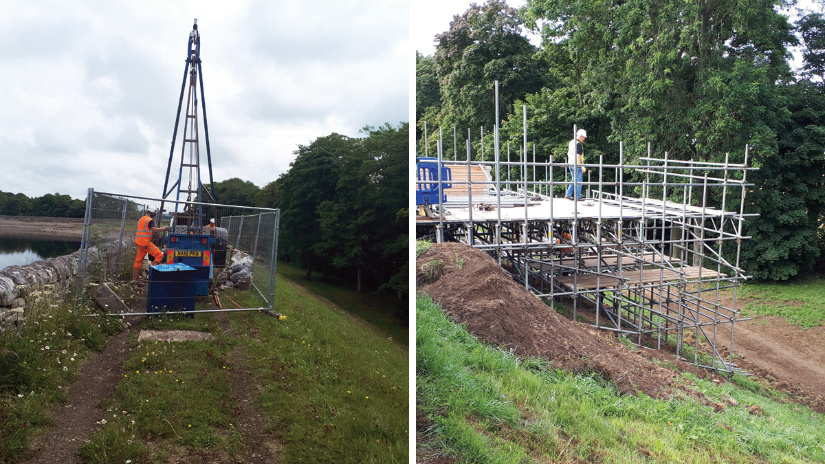 (left) Cable percussive borehole rig on the crest of the embankment and (right) scaffold decked area required for rotary bore works on the slope - Courtesy of MMB