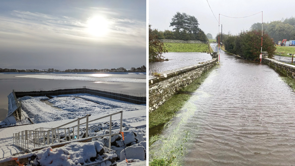 Extreme weather conditions during the construction stages: (left) winter 2022 and (right) flooding from Storm Babet (October 2023) - Courtesy of MMB