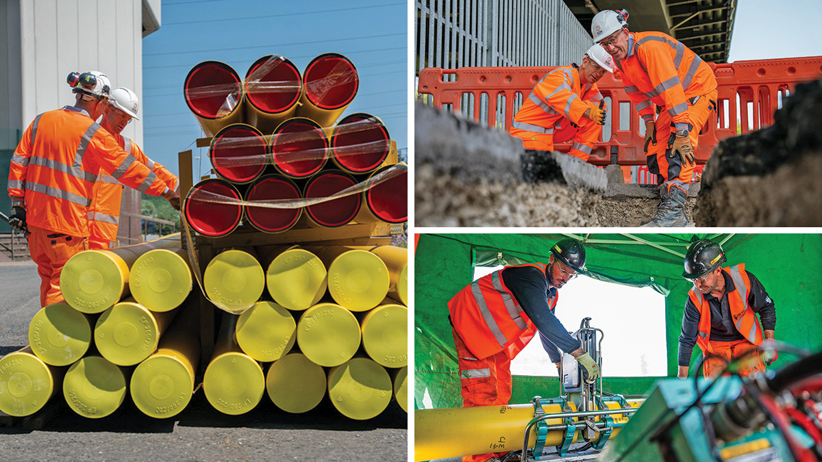 (left) Blackburn Meadows pipeline materials, (top right) export pipeline trenching and (bottom right) butt fusion welding - Courtesy of SGN Commercial Services