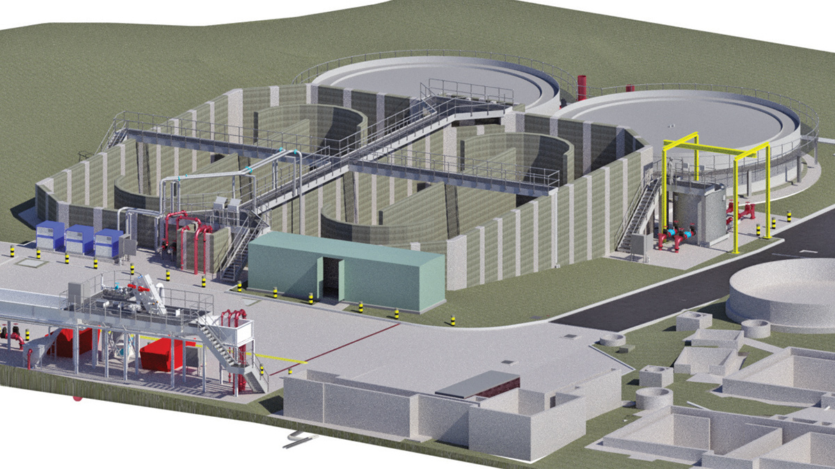 Revit model showing the inlet works, oxidation ditch and FSTs, looking south - Courtesy of MMB
