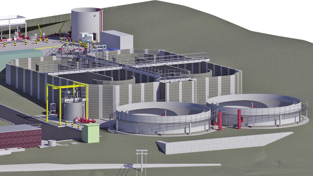 Revit model showing the inlet works, oxidation ditch and FSTs, looking north - Courtesy of MMB
