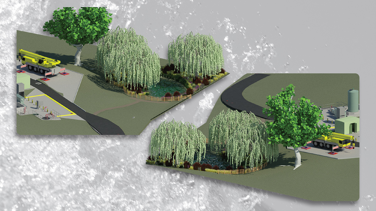 (left) Revit model showing the sustainable drainage pond, looking south and (right) looking north - Courtesy of MMB - Courtesy of MMB