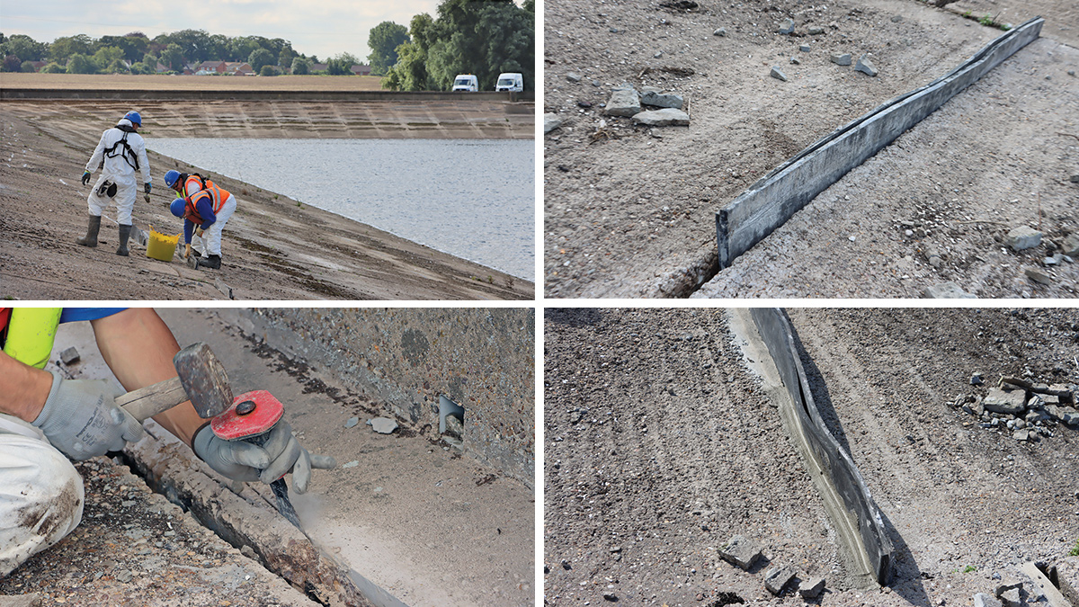 (left) Cutting out damaged sections of reservoir revetment and (right) repairs underway - Courtesy of @one Alliance