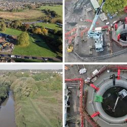 (top left) Overview of site, (bottom left) the River Avon and (right) drone photos of the stormwater storage tank - Courtesy of Wessex Water