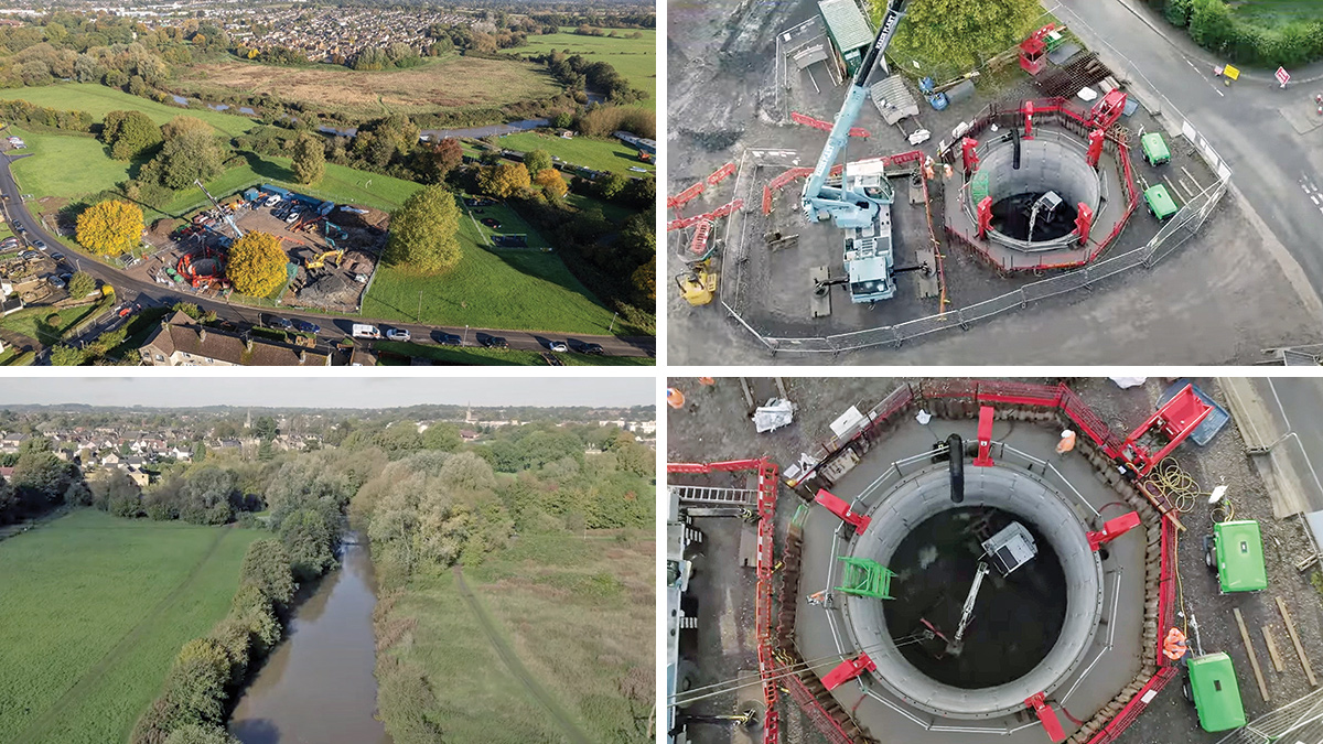 (top left) Overview of site, (bottom left) the River Avon and (right) drone photos of the stormwater storage tank - Courtesy of Wessex Water