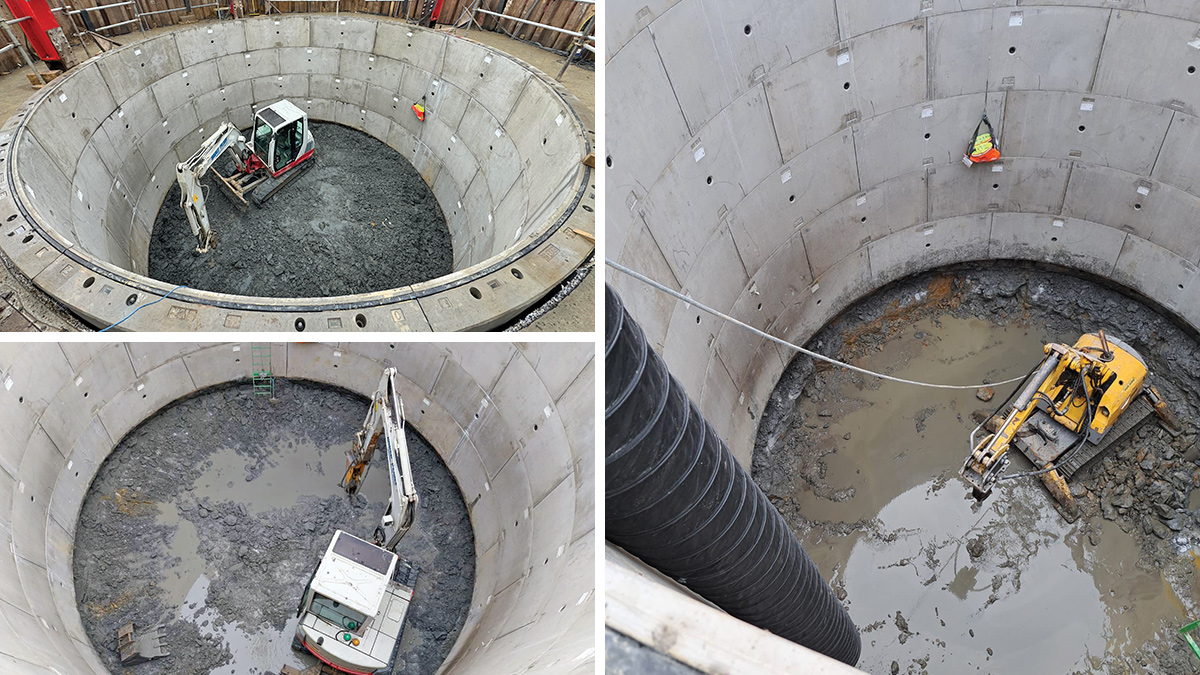 (left) Excavating down to rock formation and (right) Brokk<sup>®</sup> remote controlled unit breaking out sandstone - Courtesy of Bartlett Contractors Ltd