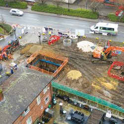 Drone shot of site showing temporary works excavation and constrained working area - Courtesy of Galliford Try