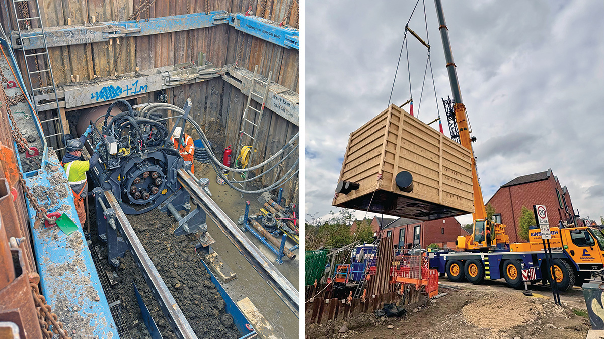 (left) Trenchless auger bore installation of 900mm inlet pipe within large temporary works excavation and (right) prefabricated CSO chamber crane lift into temporary works excavation - Courtesy of Galliford Try