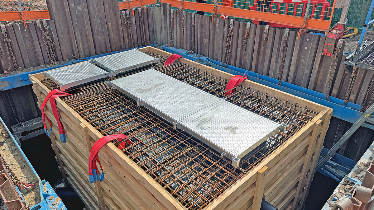 Prefabricated CSO chamber in position with bespoke access covers temporarily positioned - Courtesy of Galliford Try