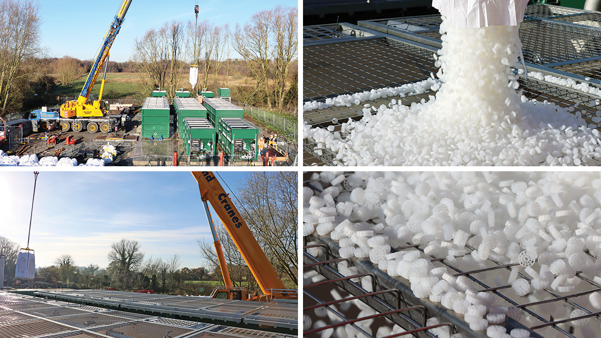 MBBR biofilm media: (top left) media ready for loading, (bottom left) crane lift, and (right) media installation - Courtesy of @one Alliance