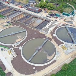 The three new 45m diameter primary settlement tanks nearing construction completion - Courtesy of SkyCam®