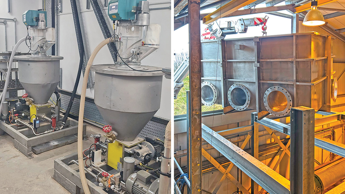(left) Polyelectrolyte dry powder batching and (right) New inlet blend tank being installed onto a new steel support structure - Courtesy of Enpure