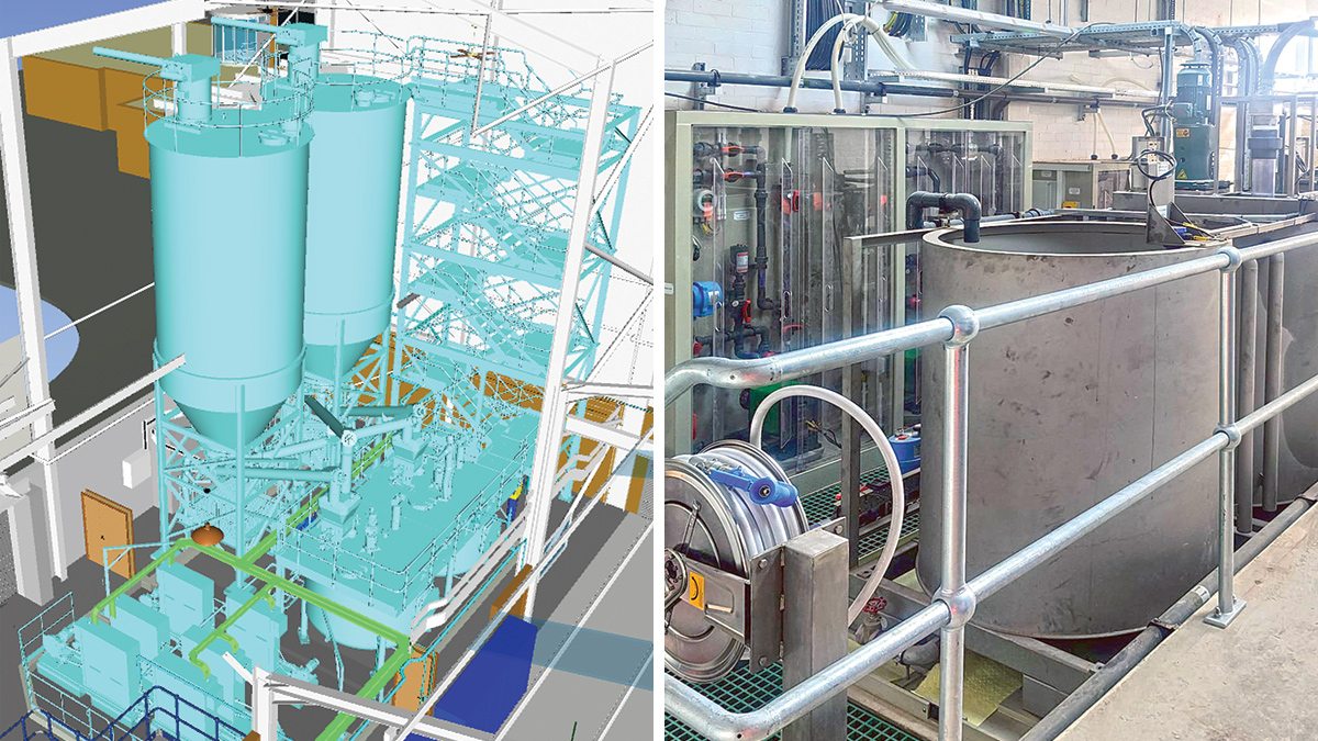 (left) 3D BIM model of the lime silos, batching and dosing systems and (right) polyelectrolyte batching and dosing system - Courtesy of Enpure