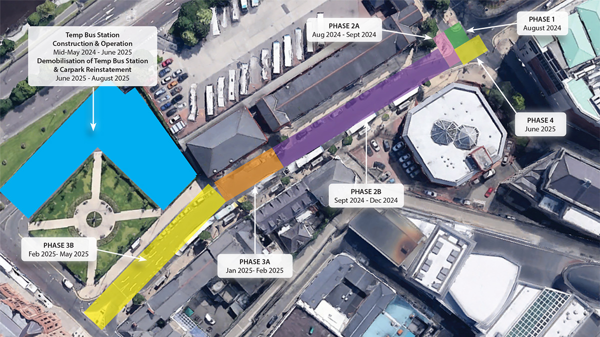 Google Maps image of Foyle Street. The highlighted areas show the construction phases – Courtesy of BSG Civil Engineering Ltd