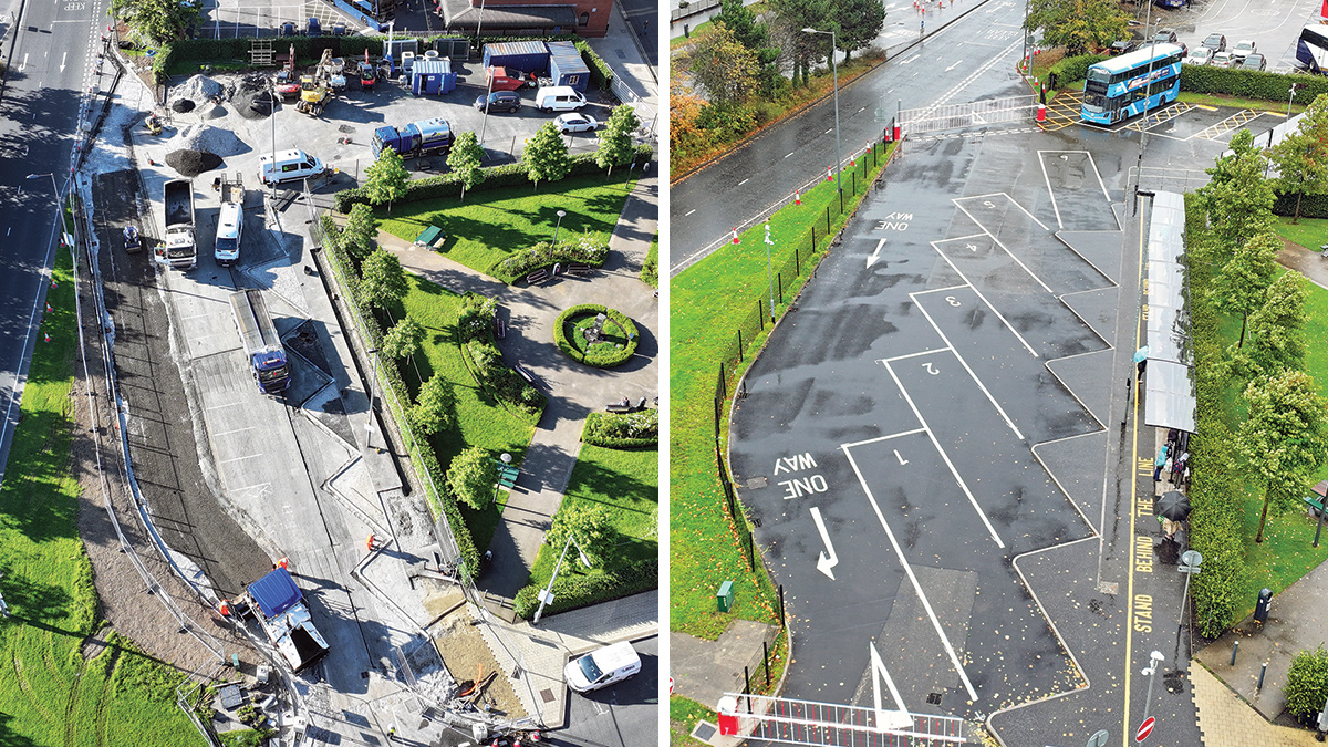 (left) Construction of the temporary bus station and (right) temporary bus station in operation - Courtesy of BSG Civil Engineering Ltd