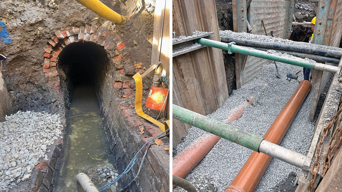 (left) Existing Victorian egg shaped sewer and (right) new foul and storm pipes - Courtesy of BSG Civil Engineering Ltd