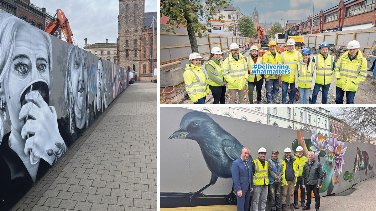 Foyle Street project team with City Centre Initiatives and street artist at painted hoardings - Courtesy of NI Water
