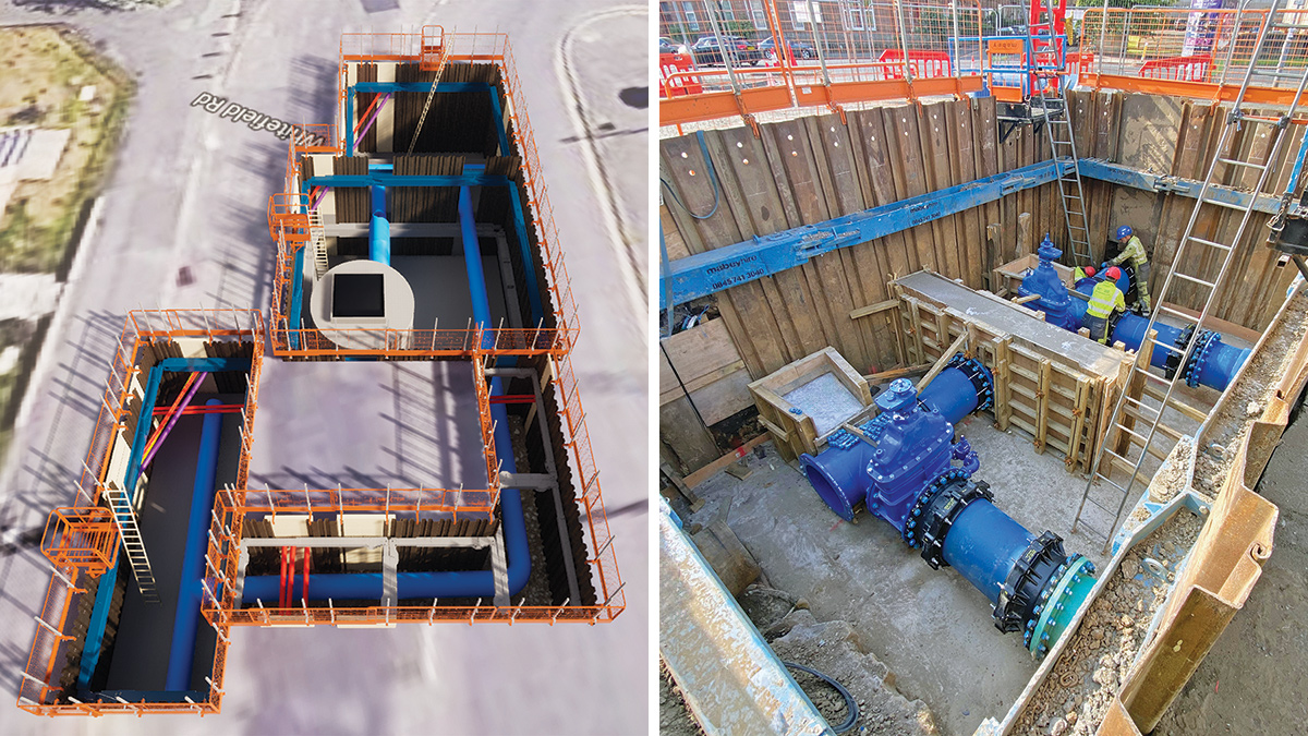 (left) Render of temporary works installation by Mabey Hire on Edmiston and (right) east tie-in to existing main on Edmiston Drive - Courtesy of CWA